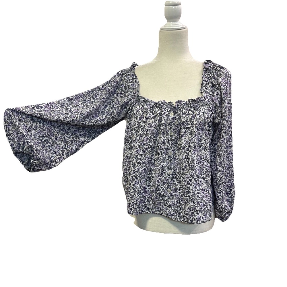 American Eagle Boho Peasant Top PurpleFloral Long Sleeve Smocked Ruffle Blouse M